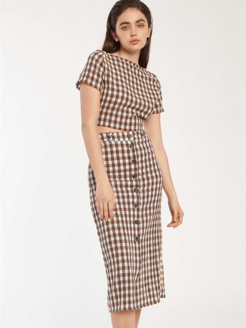 Rita Row Navy Gingham Button-Front Midi Skirt NWT